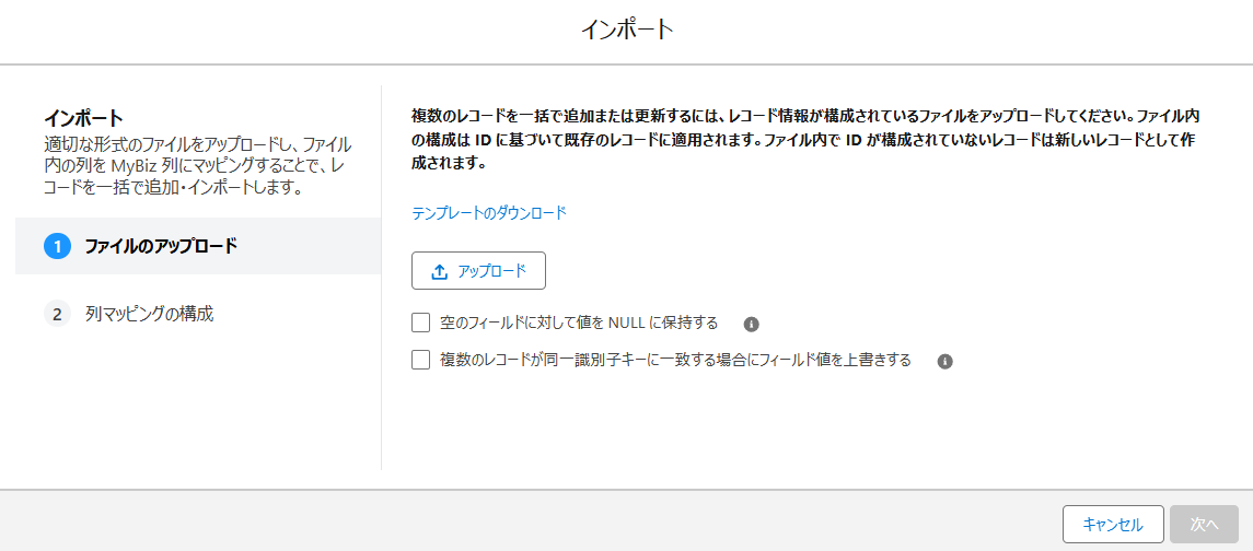 Salesforce アプリでのインポート ウィンドウ
