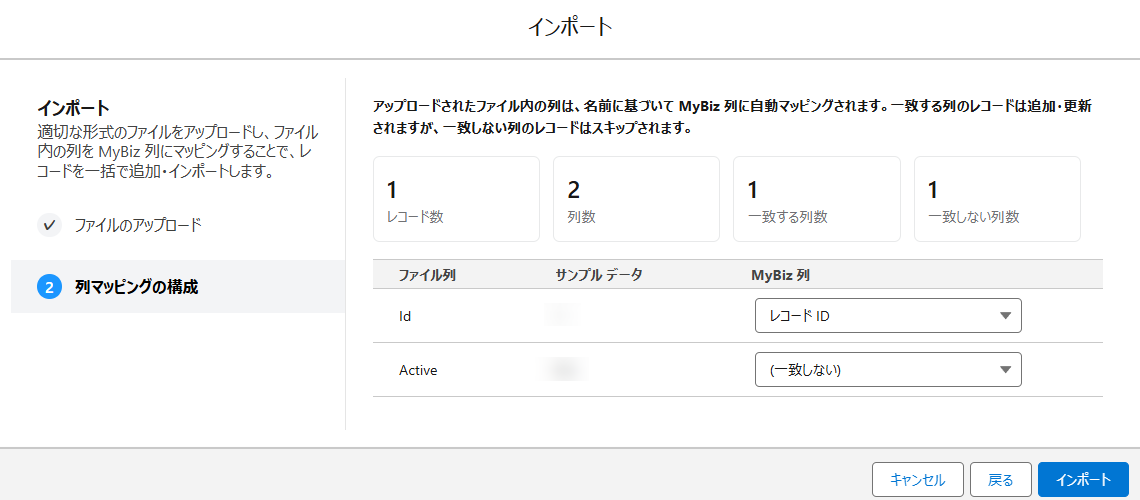 Salesforce アプリでの列マッピングの構成