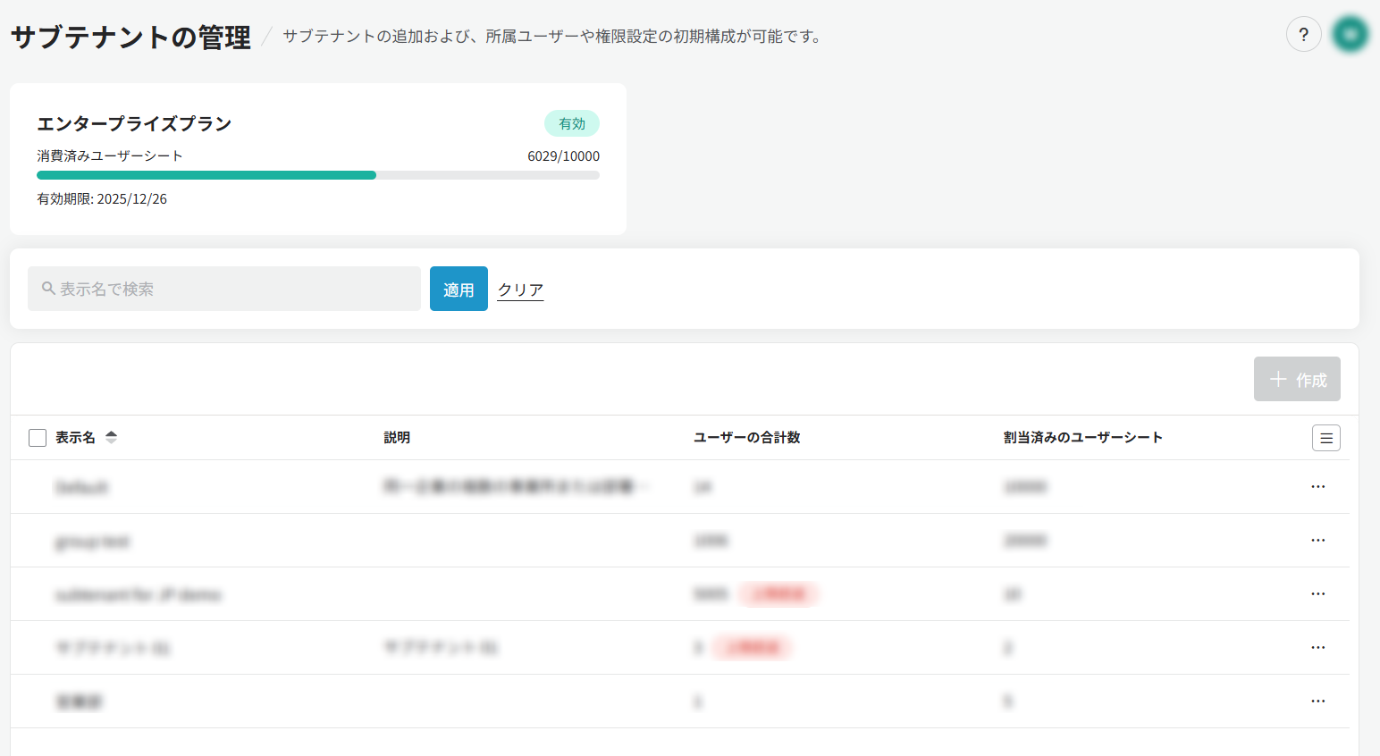 サブテナントの管理 サブテナントの管理