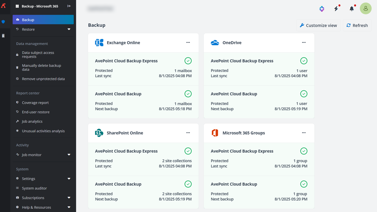 AvePoint Cloud Backup サブスクリプションと AvePoint Cloud Backup Express サブスクリプションの両方を持つ AvePoint Cloud Backup for Microsoft 365