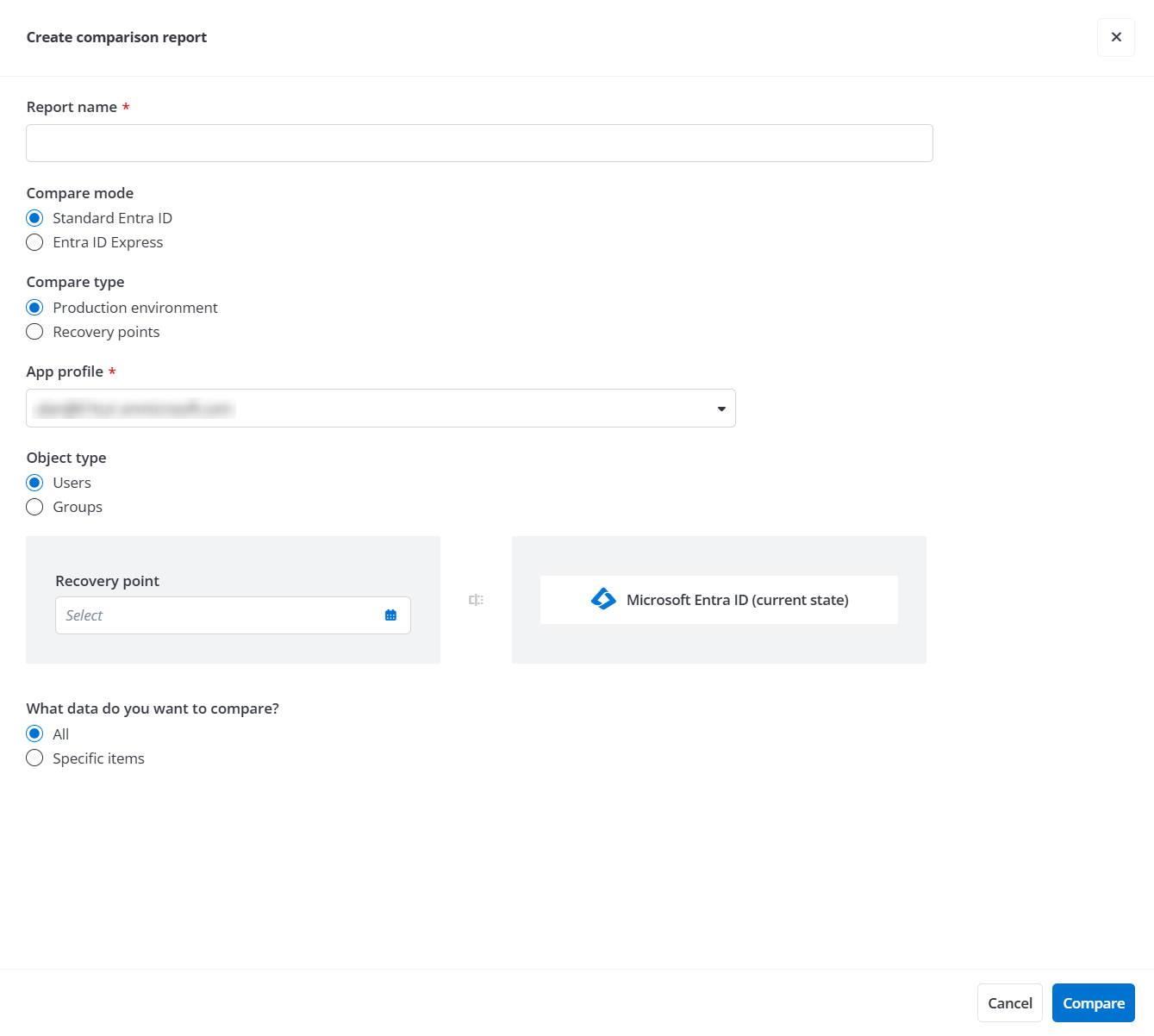 The Create comparison report panel.