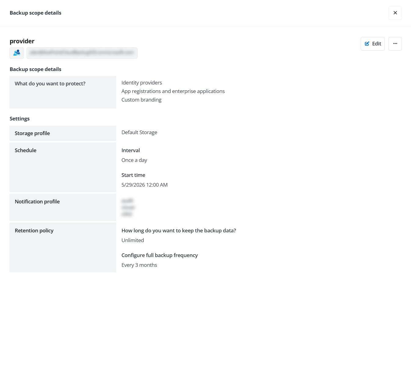 The Backup scope details panel.