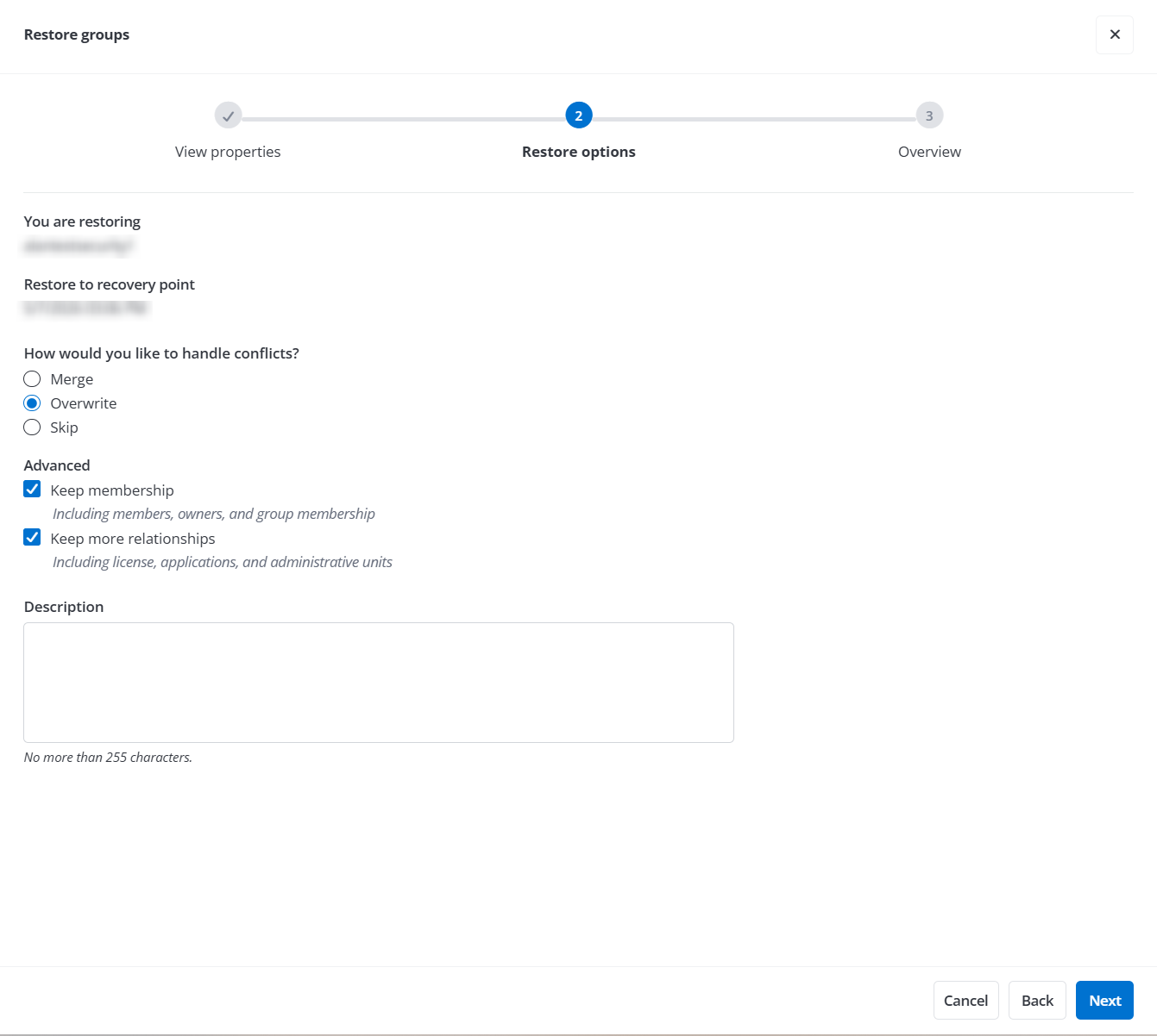 Step 2: Restore options for restoring groups.