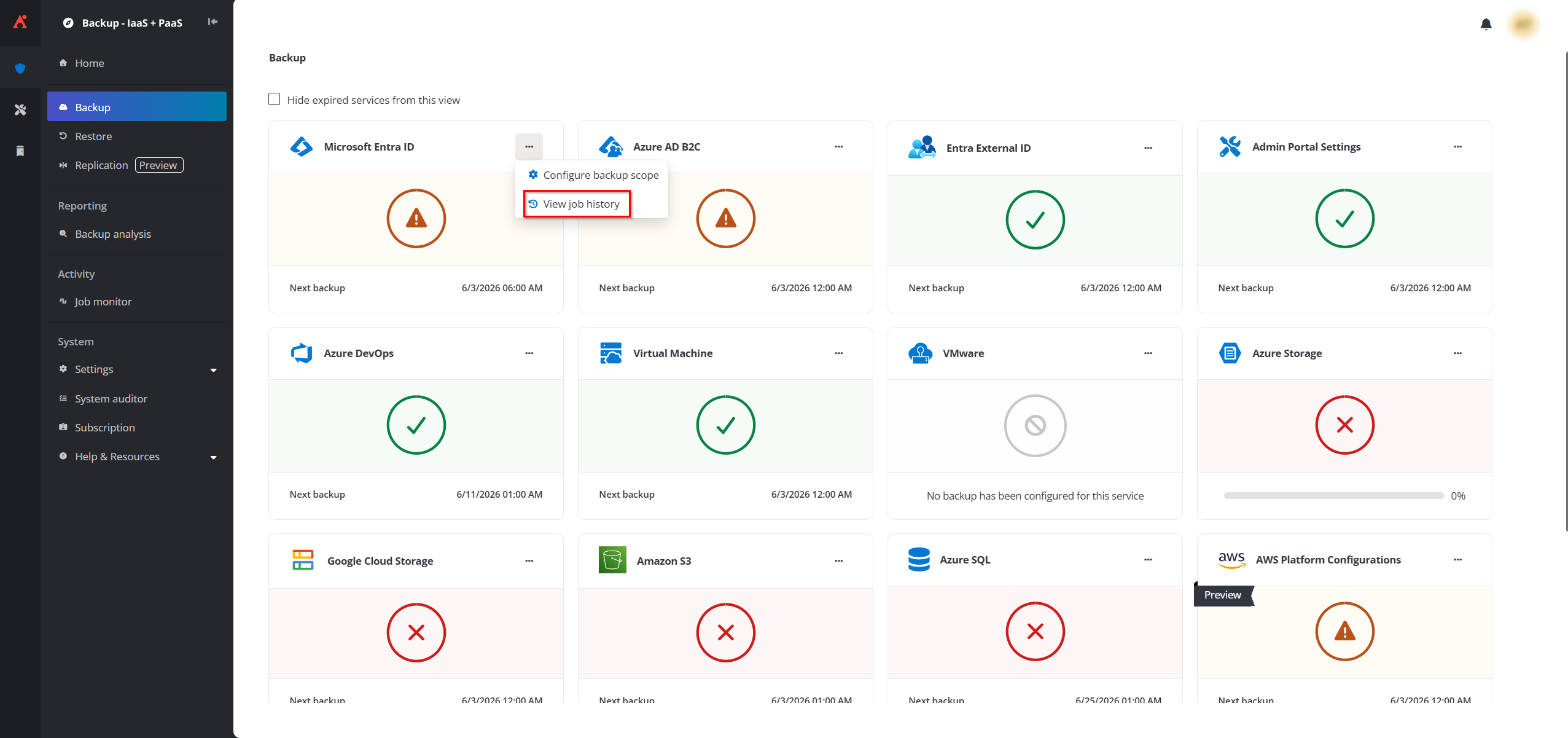 The View job history option.
